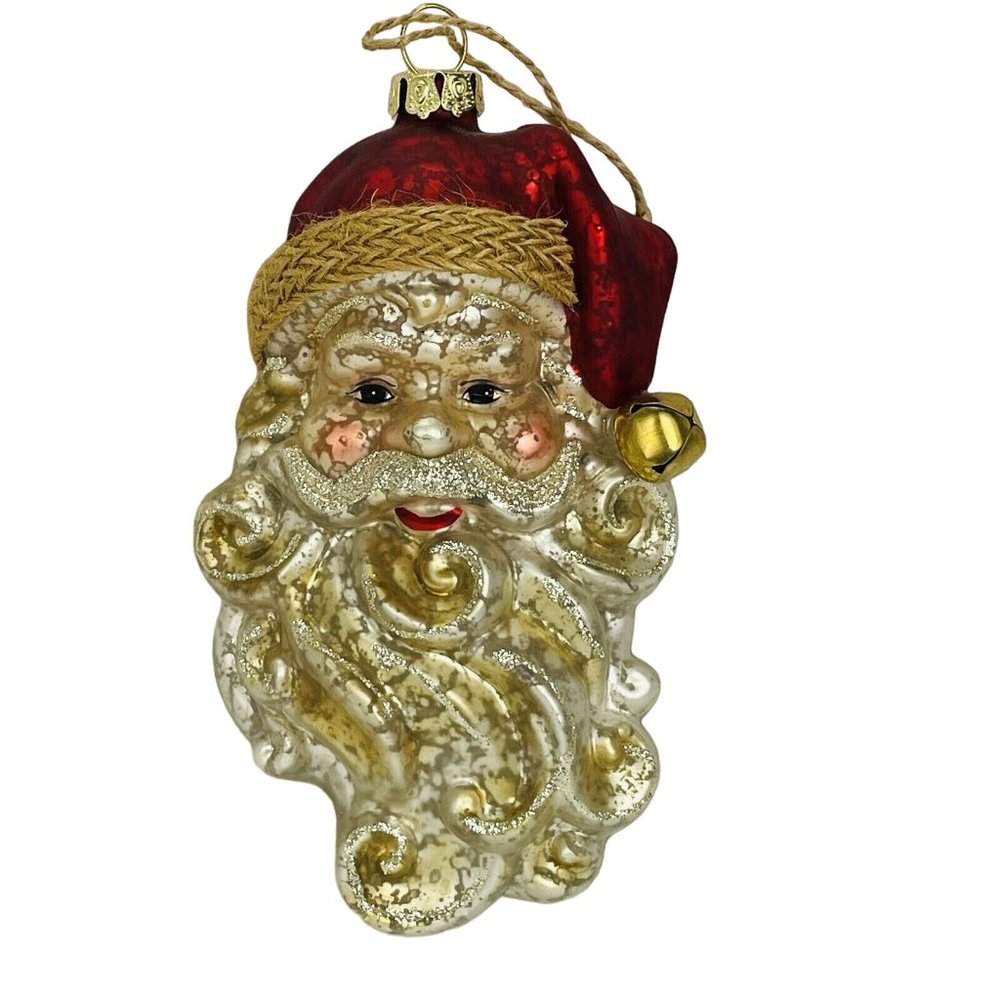 JUMBO 6 Inch Blown Glass Santa Face With Brass Tone Bell Christmas Ornament